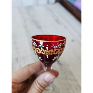Vintage bohemian czech red hand cordial painted mini glass shot champagne wine s